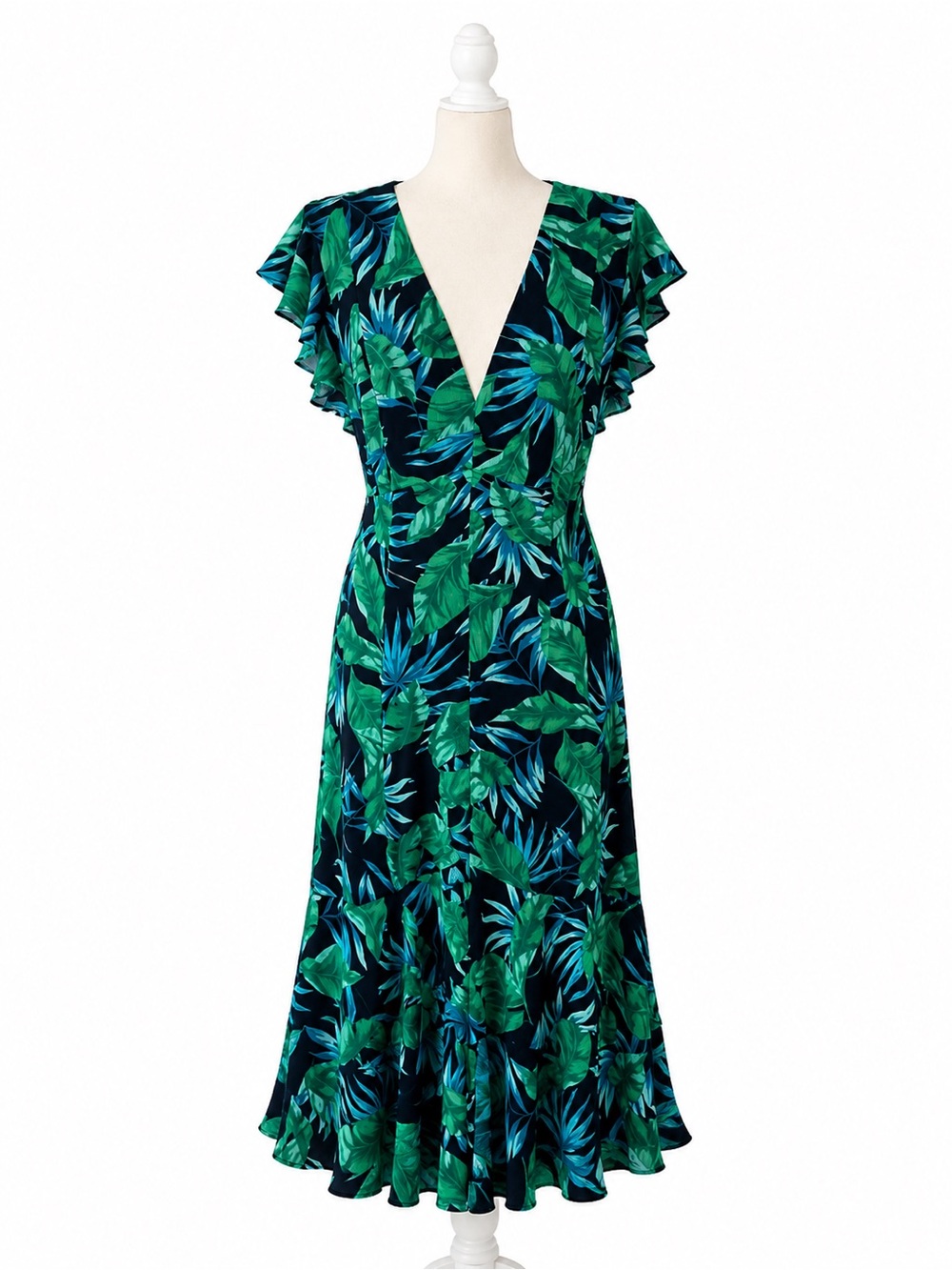 Marc New York Size 12 Tropical Leaf Print Maxi Dress Black Green Ruffle Hem